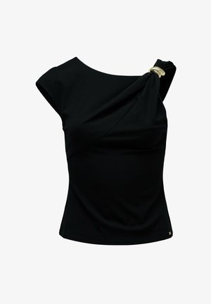 Top negro de un solo hombro sin mangas con un detalle de anillo dorado que recoge la tela en el hombro derecho, silueta ajustada.