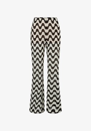 Zwart-witte golvende flared broek met een gestructureerde stof en hoge tailleband, met een gladde afwerking en wijde broekspijpen.