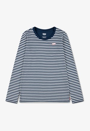 Langærmet, navyblå og hvid horisontalt stribet skjorte med rund hals og et lille pink Levi's-logo på brystet.