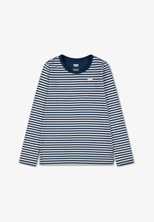 Chemise à manches longues, rayée horizontalement bleu marine et blanc, col rond et petit logo Levi's rose sur la poitrine.