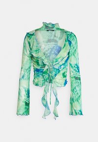 Green and blue patterned blouse with long sleeves, ruffled neckline, and front tie detailing. Made of lightweight, semi-transparent fabric.
