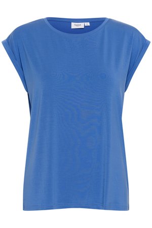 T-shirt blu a maniche corte con una vestibilità rilassata, colletto rotondo e tessuto morbido. Presenta un'etichetta con la scritta "Saint" all'interno del colletto.