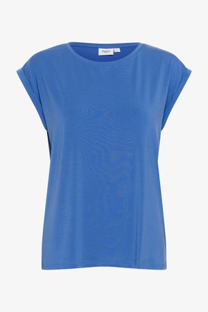 Sinine lühikeste varrukatega T-särk, millel on lõdvestatud istuvus, ümmargune kaelus ja pehme kangas. Sisekaeluses on silt nimega "Saint".