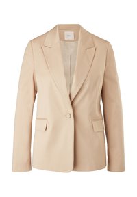 Beige op maat gemaakte blazer van zachte stof, met een geknipt kraag, een enkele knoopsluiting en twee voorzakken.