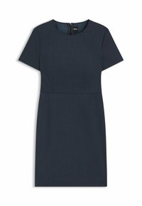 Navy blue short-sleeve dress with round neckline, fitted waist, and back zipper, labeled BOSS.