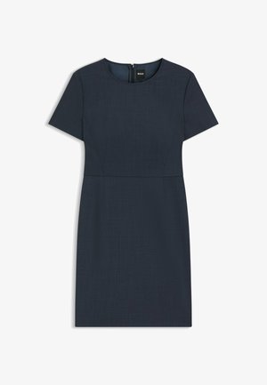 Marineblauwe jurk met korte mouwen, ronde hals, getailleerde taille en ritssluiting aan de achterkant, gelabeld BOSS.