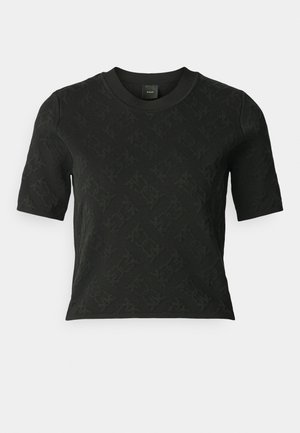 Fekete, rövid ujjú pulóver texturált mintával, kerek nyakkivágással és testhez simuló fazonnal. Puha anyagból készült.