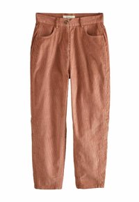 Kangas-veluurist püksid soojas terrakotavärvis, millel on nööpidega sulgimine, ees taskud ja vertikaalse soonilise tekstuuriga, loodud mugavaks istuvuseks.