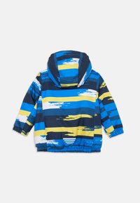 Värviline jope, millel on sinised, tumesinised, kollased ja valged triibud koos abstraktsete mustritega. Varustatud kapuutsiga ja elastsete mansettidega varrukatel.