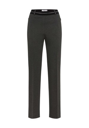 Graue maßgeschneiderte Hosen mit glatter Textur, geradem Schnitt, schwarzem Bund und seitlichen Taschen. Schlichter und vielseitiger Stil.