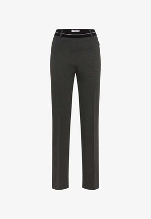 Graue maßgeschneiderte Hosen mit glatter Textur, geradem Schnitt, schwarzem Bund und seitlichen Taschen. Schlichter und vielseitiger Stil.