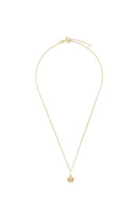 Guld färgad halsband med en delikat kedja och en fjärilsformad hänge med rosa och blå accenter. Enkel spänne.