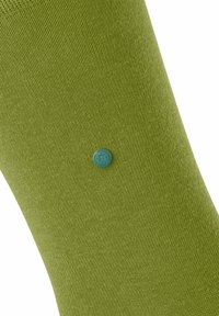 Grüne Baumwollsocke mit gerippter Struktur und einem kleinen blauen runden Logo an der Seite. Das Design ist einfach und schlank.