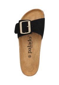 Brun mockaläder sandaler med svart rem och silver rektangulär spänne, märket Palado, storlek 37, tillverkad i Spanien.