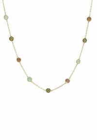Guldtonet kædelaat med otte runde, semi-gennemsigtige ædelstene i grøn, blå og brun, sat i delikate bezelindstillinger.