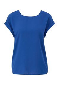 Haut bleu à manches courtes avec un col rond, fabriqué en tissu lisse. Présente une coupe décontractée avec des manches légèrement retroussées et un ourlet droit.