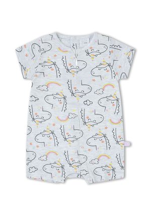 Pelele de bebé gris claro con dibujos de unicornio, arcoíris, nube y estrella en colores pastel, con mangas cortas y cierres de presión en la parte delantera.
