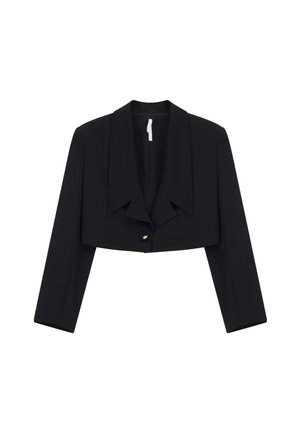 Blazer nero corto con maniche lunghe, revers ampi e chiusura con un bottone frontale.