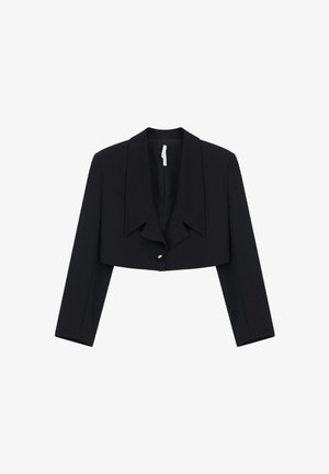 Blazer nero corto con maniche lunghe, revers ampi e chiusura con un bottone frontale.