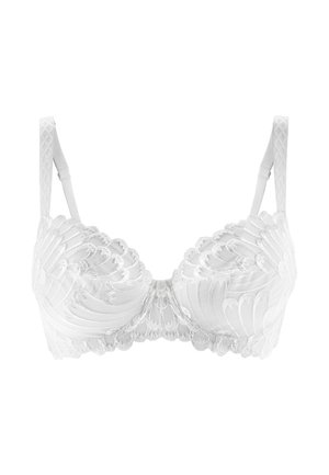 Soutien-gorge à armatures en dentelle blanche avec bords festonnés et bretelles réglables, présentant un motif floral délicat sur les bonnets et la bande.