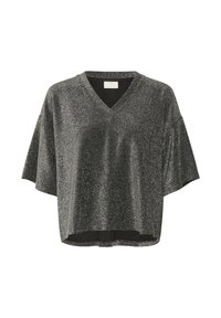 Black glittery short-sleeve V-neck top with a loose, boxy fit and slightly curved hem.