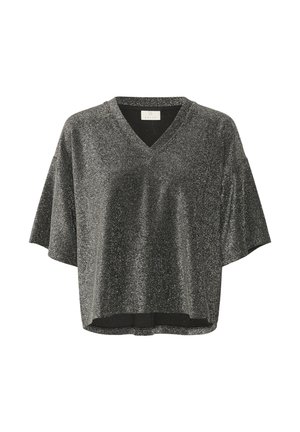 Zwart glinsterend T-shirt met korte mouwen en een V-hals ontwerp. Zachte textuur met een losse pasvorm en een gebogen zoom. Subtiele glans overal.