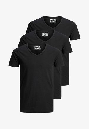 Drei schwarze V-Ausschnitt-T-Shirts aus Baumwolle mit kurzen Ärmeln und einem schlichten Design. Jedes Shirt trägt das Label "JACK & JONES".