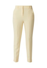 Spodnie tailored w jasnym żółtym kolorze, wykonane z gładkiego materiału. Posiadają płaski przód, boczne kieszenie oraz zwężane, eleganckie nogawki.