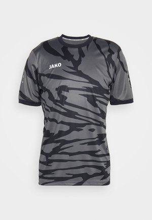 Kurzärmeliges Sporttrikot in Grau mit einem schwarzen abstrakten Muster. Verfügt über einen Rundhalsausschnitt und den Markennamen "JAKO" in Weiß auf der Brust.