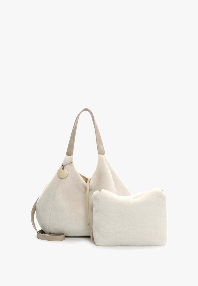 Pehmeä kermaisenvalkoinen tekoturkishandbag, jossa on löysä muoto, nahkaremmi ja irrotettava pussi. Sujuva pinta ja minimalistischinen muotoilu.