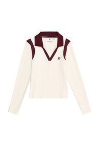 Langarm polo in crème met een diepe V-hals, bordeauxkleurige kraag en schouderaccenten, en subtiele logodetails. Glad, lichtgewicht stof.