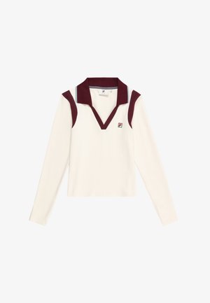 Langarm polo in crème met een diepe V-hals, bordeauxkleurige kraag en schouderaccenten, en subtiele logodetails. Glad, lichtgewicht stof.