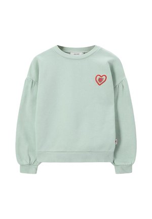 Sweatshirt vert menthe à manches longues, avec des poignets côtelés et une encolure ronde. Présente un design brodé en forme de cœur sur la poitrine.