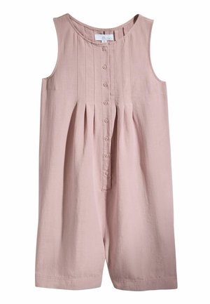 Ärmelloser, staubrosa Overall mit vorderer Knopfleiste, vertikalen Falten an der Brust und rundem Ausschnitt aus leichtem Stoff.