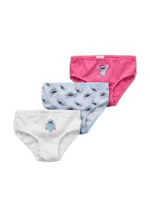 Three children's underwear in pink, light blue patterned, and white with cartoon character prints on front center.