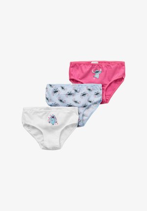 Tre børneundertøjer i pink, lyseblå med mønster og hvid med tegneseriefigurtryk på fronten.