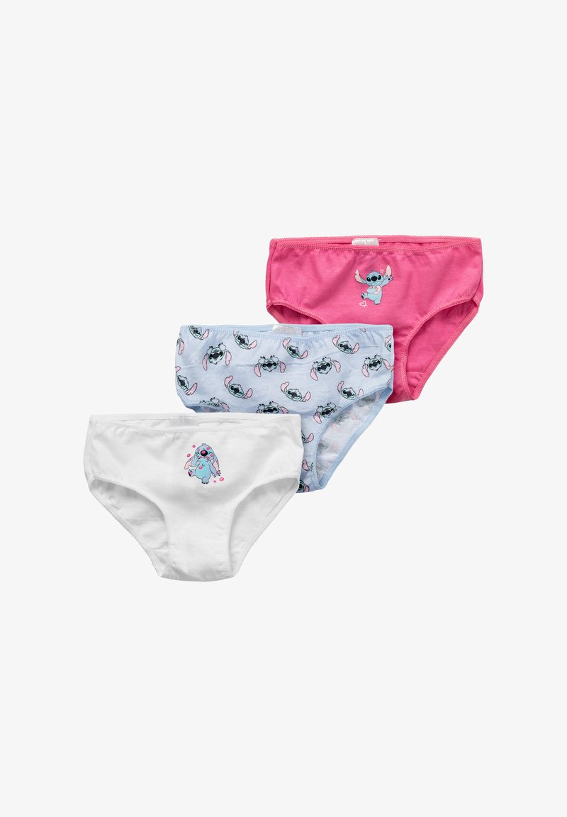 Tres pares de ropa interior para niños en color rosa, azul claro con estampado y blanco con dibujos de personajes de dibujos animados en el centro delantero.