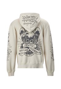 Sudadera crema con gráficos de un tigre rugiente y el texto "Muerte antes que deshonor". Manga larga con diseños similares en ambas mangas.