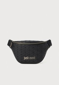 Μαύρο τσαντάκι μέσης κατασκευασμένο από υλικό με υφή, με ανάγλυφο μοτίβο και μεταλλικό λογότυπο. Κλείσιμο με φερμουάρ στο πάνω μέρος.