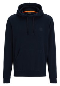 Navy blue hooded sweatshirt made of soft fabric. Features a front kangaroo pocket, drawstring hood, and an orange interior lining.