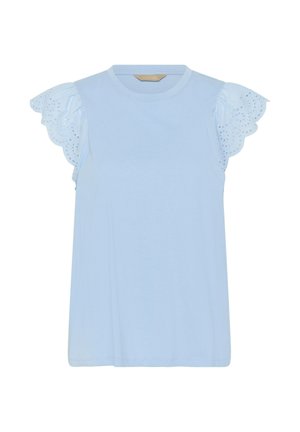 Hele.sinine lühikeste varrukatega särk, millel on laineline pitsmustriga lendlevad varrukad ja ümmargune kaelus, silt nähtav tagaküljel sees.