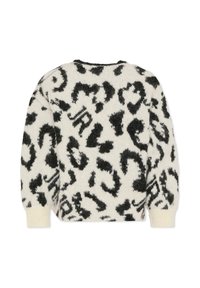 Maglione lavorato a maglia con una texture soffice, caratterizzato da un motivo leopardato in bianco e nero. Ha un ampio scollo a giro e polsini a coste.