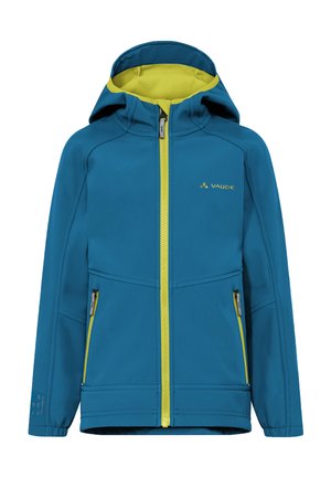 Giacca con cappuccio blu con cerniera verde lime e fodera interna, due tasche anteriori con cerniera e logo sul petto.