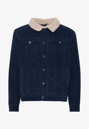 Navy blue corduroy jacket with a cream shearling collar, snap buttons, two chest pockets, ribbed cuffs, and a textured surface.