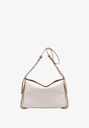 Borsa in pelle bianca con una texture a graniglia, caratterizzata da una parte superiore a forma di V, dettagli beige e una tracolla regolabile.