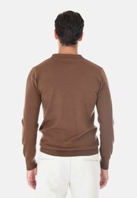 Maglione in maglia marrone con colletto polo, maniche lunghe e orlo a coste. Texture liscia e design aderente, visto dalla parte posteriore.