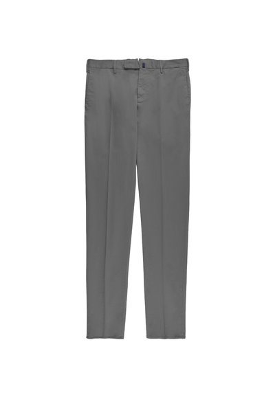 Pantaloni formali grigi da uomo con passanti per cintura, zip frontale e tasche, mostrati distesi su sfondo bianco.