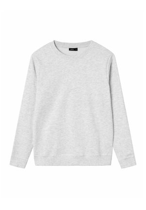 Helehall pikkade varrukatega ümmarguse kaelusega pusa, valmistatud pehmest kangast, soonikkoelsete mansettide ja äärega, valgel taustal.