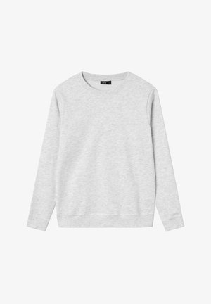 Šviesiai pilkas ilgomis rankovėmis kvadratinis megztinis iš minkštos medžiagos, su ribinėmis rankogaliais ir apačia, eksponuojamas ant balto fono.