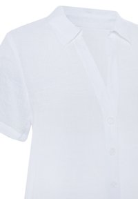 Witte linnen shirt met korte mouwen, een kraag en een knoopsluiting aan de voorkant met vijf knopen. Licht, gestructureerd materiaal.